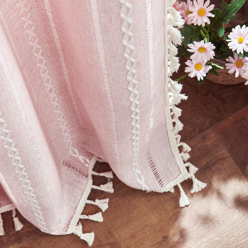 BCLBUSTE Linen Boho Pink Embroidered Curtains for Girls Bedroom & Nursery - 84" Long, 2 Panels, Light Filtering Farmhouse Drapes (52" W x 84" L) - Image 3