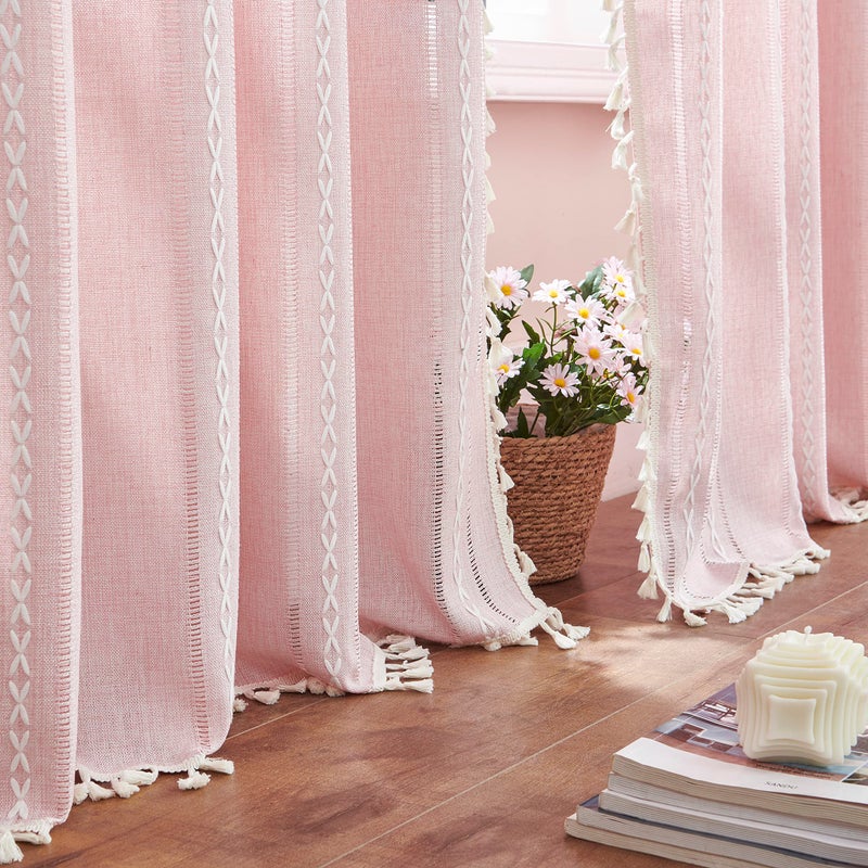 BCLBUSTE Linen Boho Pink Embroidered Curtains for Girls Bedroom & Nursery - 84" Long, 2 Panels, Light Filtering Farmhouse Drapes (52" W x 84" L) - Image 1