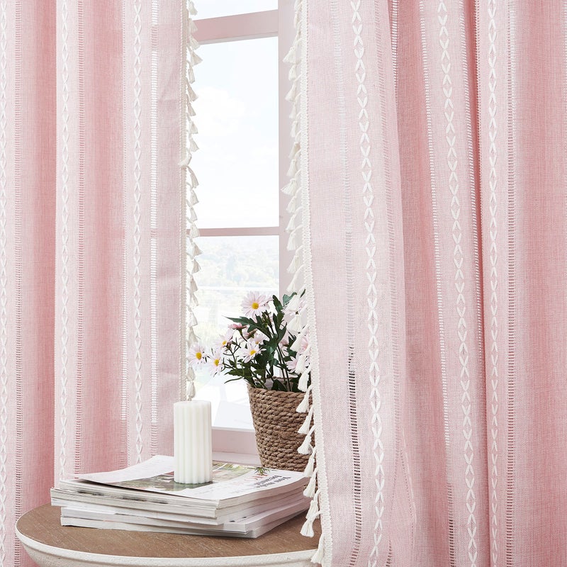 BCLBUSTE Linen Boho Pink Embroidered Curtains for Girls Bedroom & Nursery - 84" Long, 2 Panels, Light Filtering Farmhouse Drapes (52" W x 84" L) - Image 4