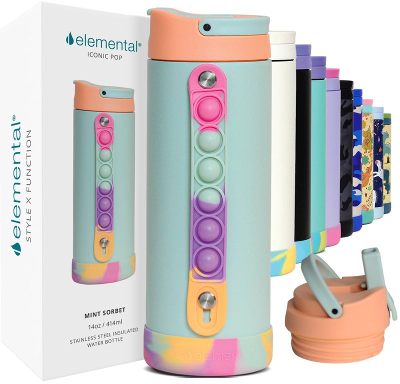 Elemental Iconic Kids Water Bottle for School 100 LeakProof Insulated Water Bottles with Straw Lid PopIt Handle for Boys Girls TripleWall Insulated BPAFree 14oz Mint Sorbet