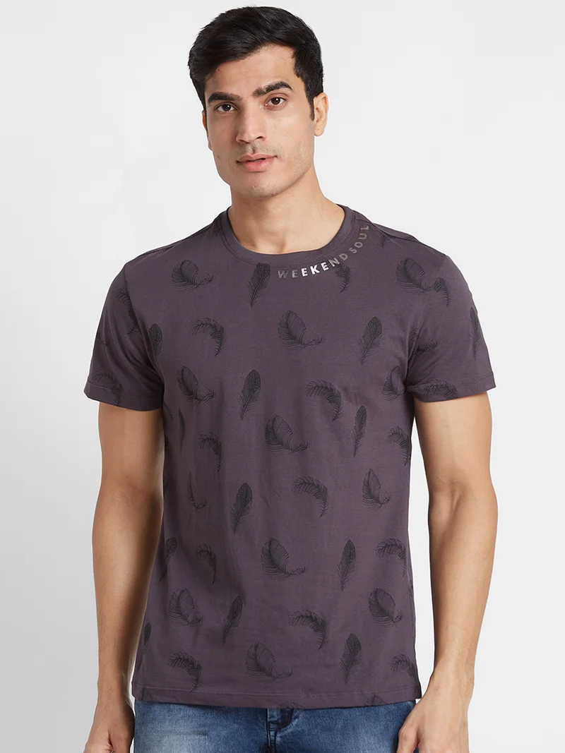 Globus Men Grey Printed Round Neck Cotton Regular Fit Casual T-shirt