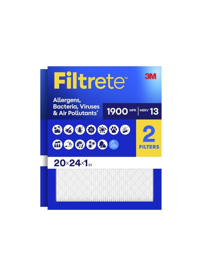 FILTRETE 20x24x1 AC Furnace Air Filter, MERV 13, MPR 1900, Premium Allergen, Bacteria & Virus Filter, 3-Month Pleated 1-Inch Electrostatic Air Cleaning Filter, 2-Pack (Actual Size 19.81x23.81x0.78 in) - Image 1