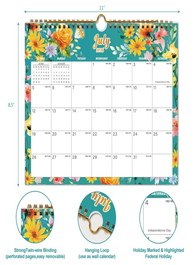 تقويم Vibrant Focus Calendar 2026-18 الشهري الجداري، من يناير 2026 إلى يونيو 2027، مقاس 8.5 × 11 بوصة، تقويم 2026-2027 مع تجليد حلزوني مزدوج، وخطاف تعليق، ومربعات وتواريخ جوليان (تقويم جداري مزين بالزهور) - Image 3