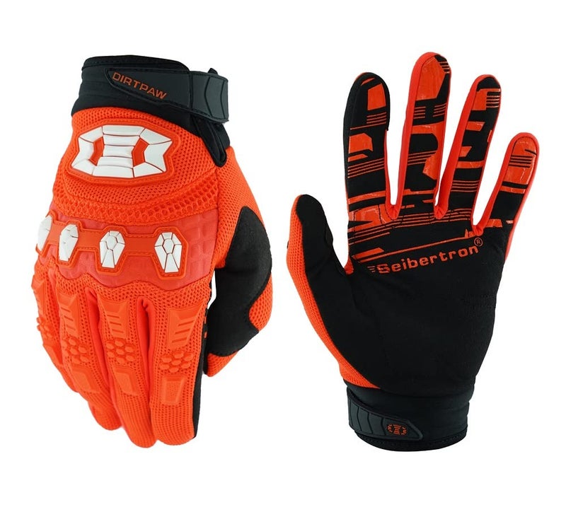 Seibertron Dirtpaw Unisex MX ATV MTB Racing Gloves - Full Finger Touchscreen Glove for Bicycle Cycling Mountain Biking Motorcycle and Motocross Fluo Orange L - Image 1