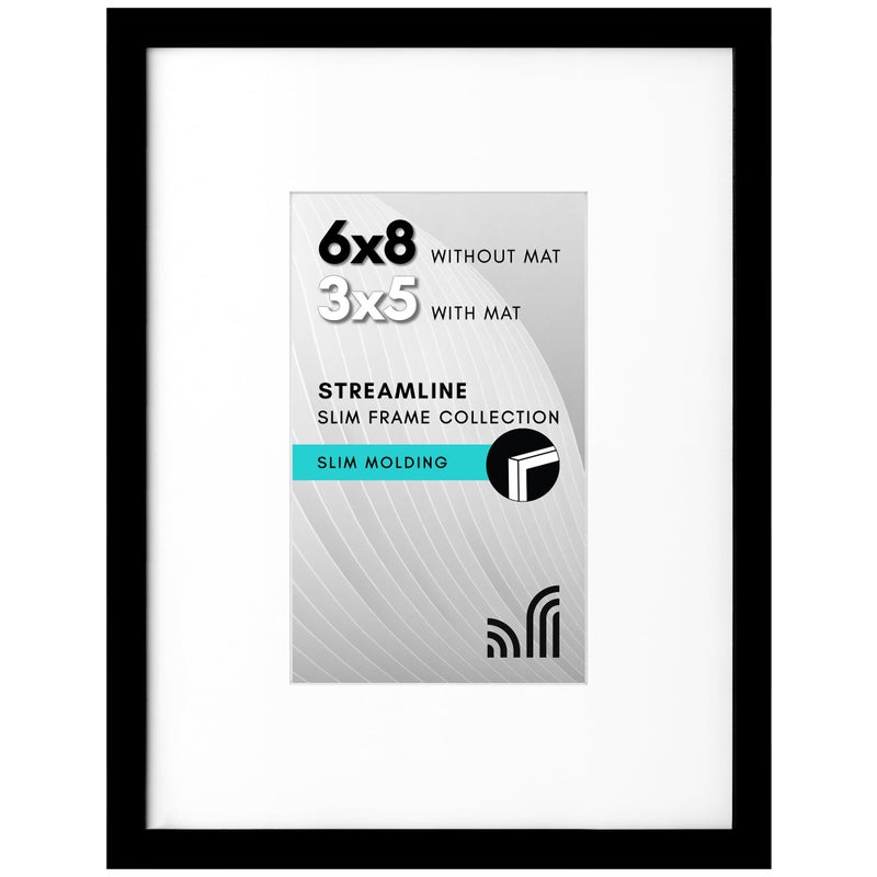 Americanflat 6x8 Picture Frame with Shatter-Resistant Glass - Use as 3x5 Frame with Mat or 6x8 Frame Without Mat - Streamline Collection - Thin Photo Frame for Wall and Tabletop Display - Black - Image 1