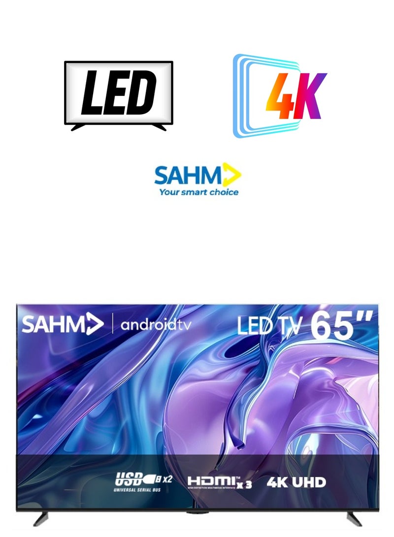 SAHM 65 Inch 4K Smart LED TV, Android 14 with E-Share, UHD 3840x2160 Resolution, 16:9 Aspect Ratio, 8GB ROM, 1.5GB RAM, 3 HDMI & 2 USB Ports, Stereo Sound, 176° Viewing Angle, Sleep Timer & Favorite Channels | Model Name: SHM-65LPS - Image 1