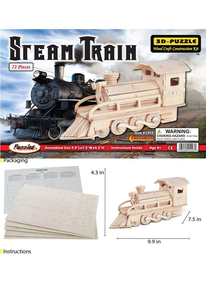 Puzzled 3D Puzzle Steam Train Wood Craft Construction Model Kit Fun Unique & Educational Diy Wooden Toy Assemble Unfinished Craft Hobby Classic Train Puzzle To Build & Paint For Decoration 72Pc Pack  - Image 2