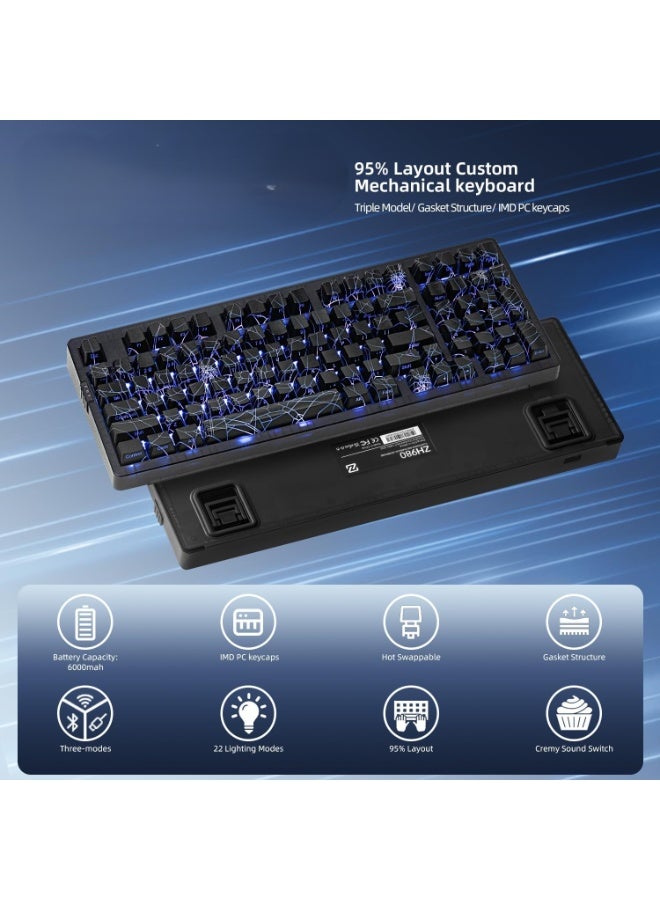 لوحة مفاتيح ألعاب ميكانيكية مخصصة، بإضاءة خلفية RGB مع 22 وضعًا للإضاءة، تدعم ثلاثة أنواع من الاتصال، مفاتيح قابلة للتبديل السريع، بطارية بسعة 6000 مللي أمبير، مصنوعة من بلاستيك ABS الأسود مع لوحة ألومنيوم - Image 2