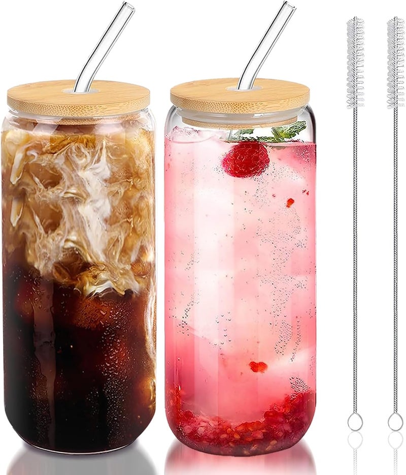 DAMCONME Iced Coffee Cups with Bamboo Lids and Straws – 20 Oz Glass Beer Can Tumbler Set of 2, Aesthetic Glass Cups 20Oz, Coffee Bar Accessories Gift - Image 1