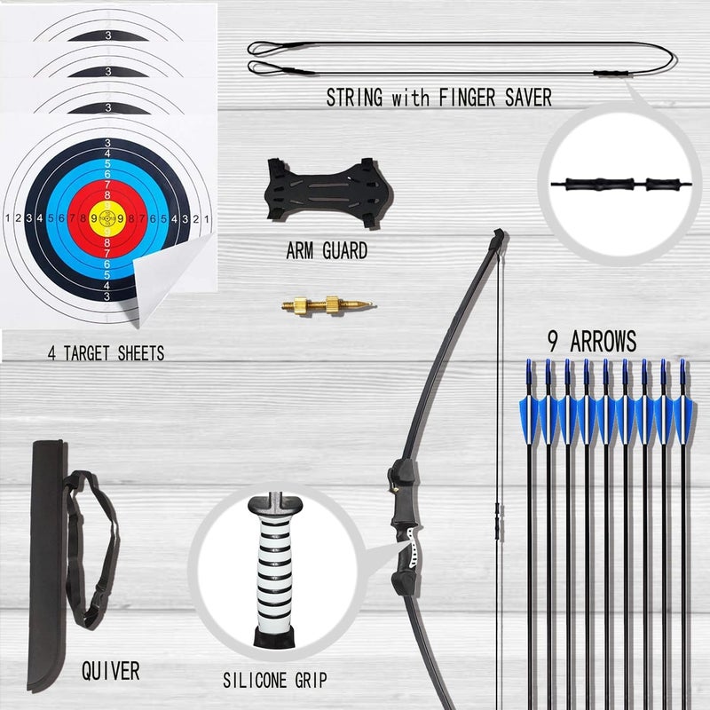 Mxessua 45" Youth Bow and Arrows Set for Kids 8-12 Teens Recurve Archery Beginner Gift Longbow Kit, Outdoor Hunting Play Gift, 9 Arrows, 4 Target Face for Backyard Game Age 12-14 14-16 - Image 3