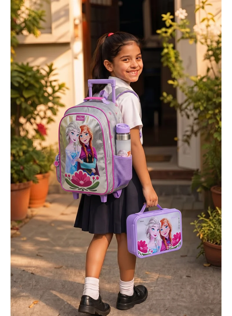 ديزني Disney Frozen Premium 5-in-1 Kids Trolley School Set 18" | Rolling Backpack, Lunch Bag, Lunch Box, Water Bottle & Pencil Case | Water Resistant  | Girls School Bag