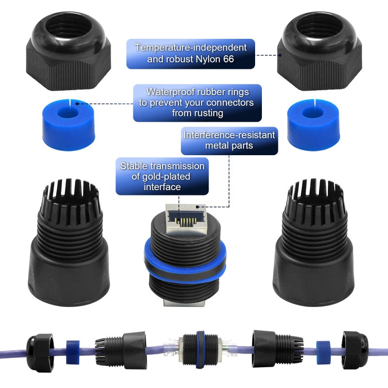 VCELINK Waterproof RJ45 Coupler IP68 Short Profile, Cat6/Cat5E/Cat5 Waterproof Ethernet Connector Shielded, Outdoor Network LAN Cable Extender PoE 6-Pack, 3.23in - Image 5