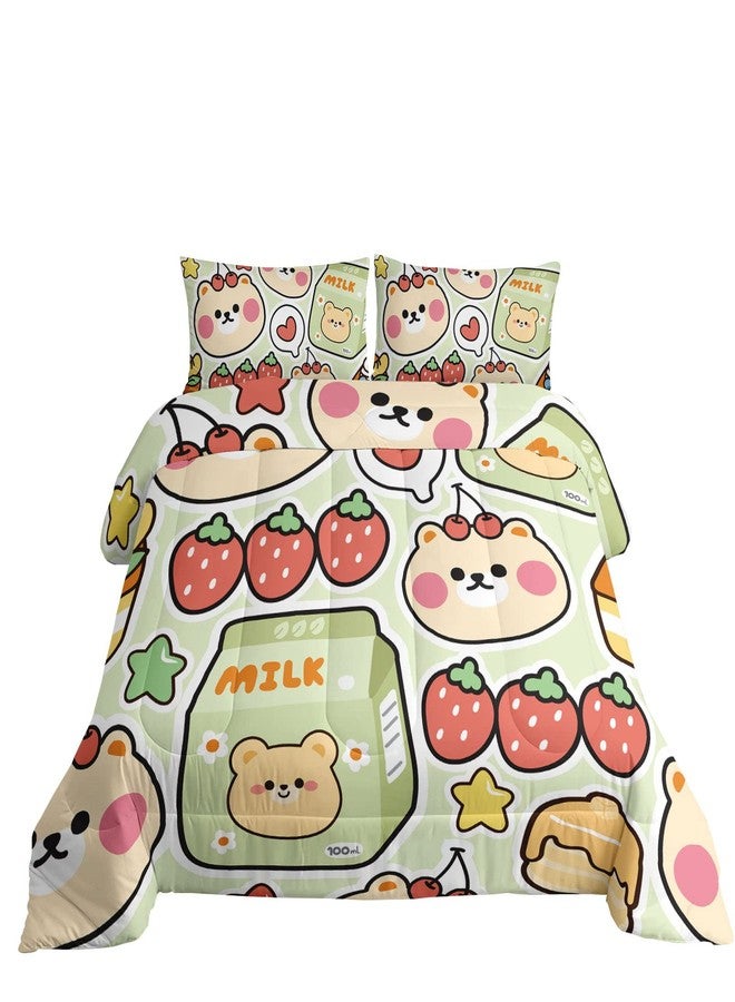 TWhours Datura home Kawaii Strawberry Bear Comforter Bedding Set for Kids Boys and Girls Teens,Cute Cartoon Fruit Print Light Green with 1 2 Pillowcases(Kawaii Full), Full 80x90inches - Image 2