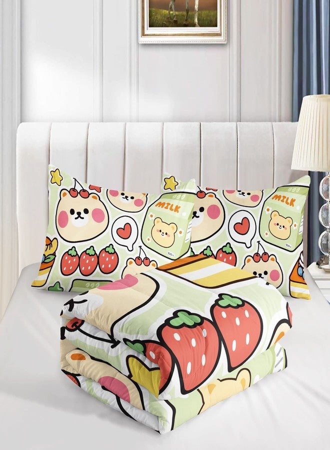 TWhours Datura home Kawaii Strawberry Bear Comforter Bedding Set for Kids Boys and Girls Teens,Cute Cartoon Fruit Print Light Green with 1 2 Pillowcases(Kawaii Full), Full 80x90inches - Image 3