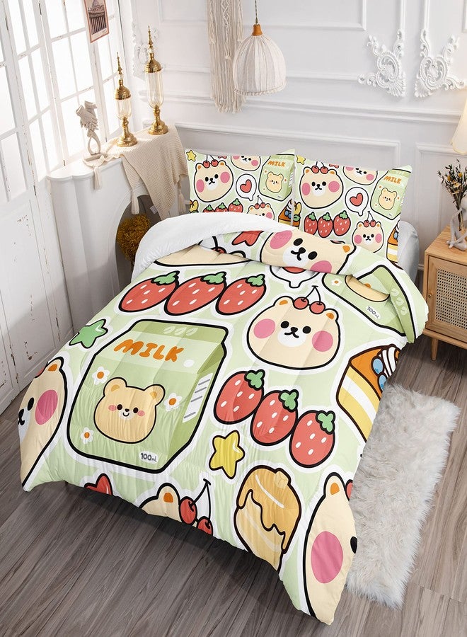 TWhours Datura home Kawaii Strawberry Bear Comforter Bedding Set for Kids Boys and Girls Teens,Cute Cartoon Fruit Print Light Green with 1 2 Pillowcases(Kawaii Full), Full 80x90inches - Image 1