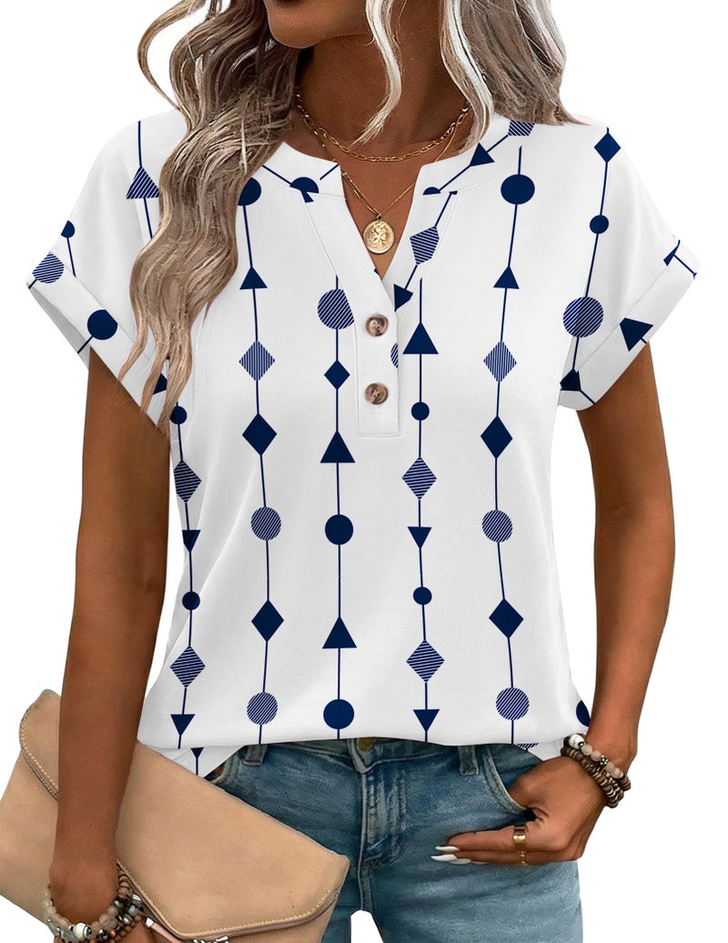 Zeagoo Summer Tops for Women Short Sleeve Blouses Dressy Casual V Neck Tshirts 2026 Boho Clothes Blue White - Image 1