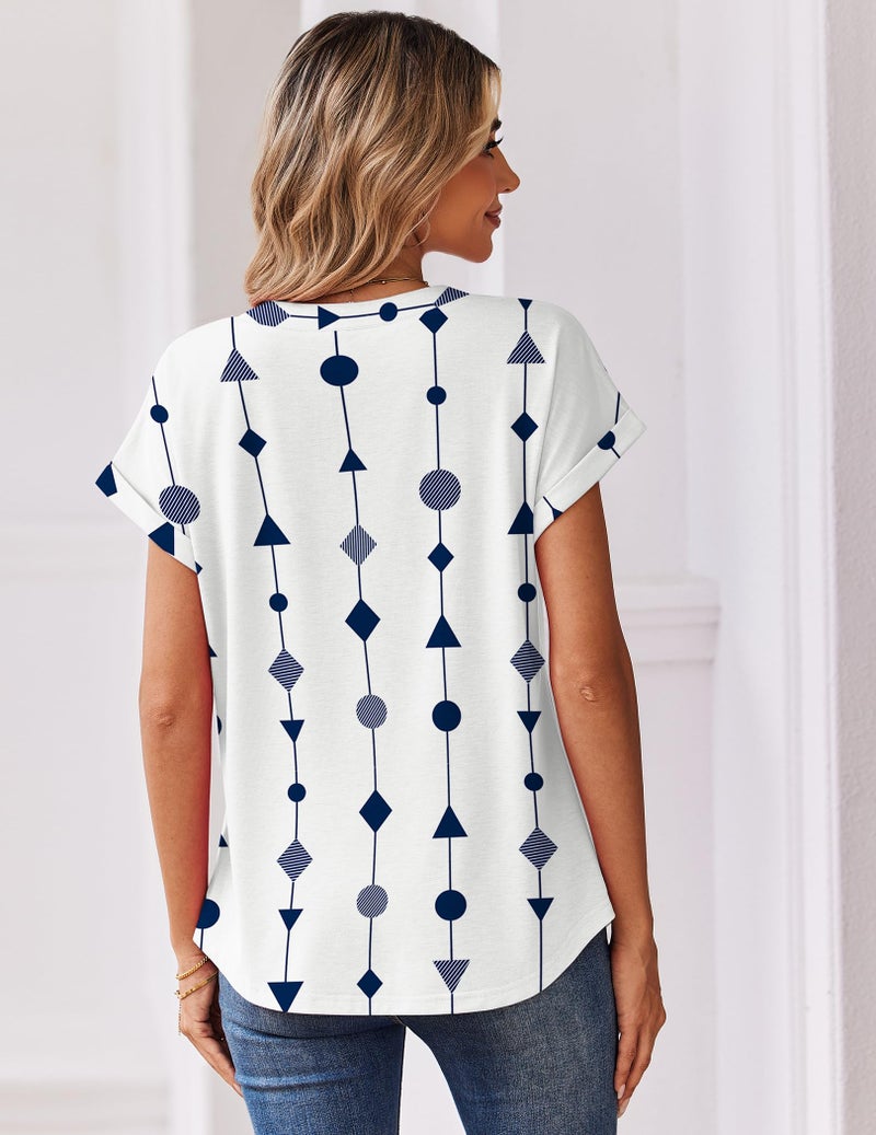 Zeagoo Summer Tops for Women Short Sleeve Blouses Dressy Casual V Neck Tshirts 2026 Boho Clothes Blue White - Image 5