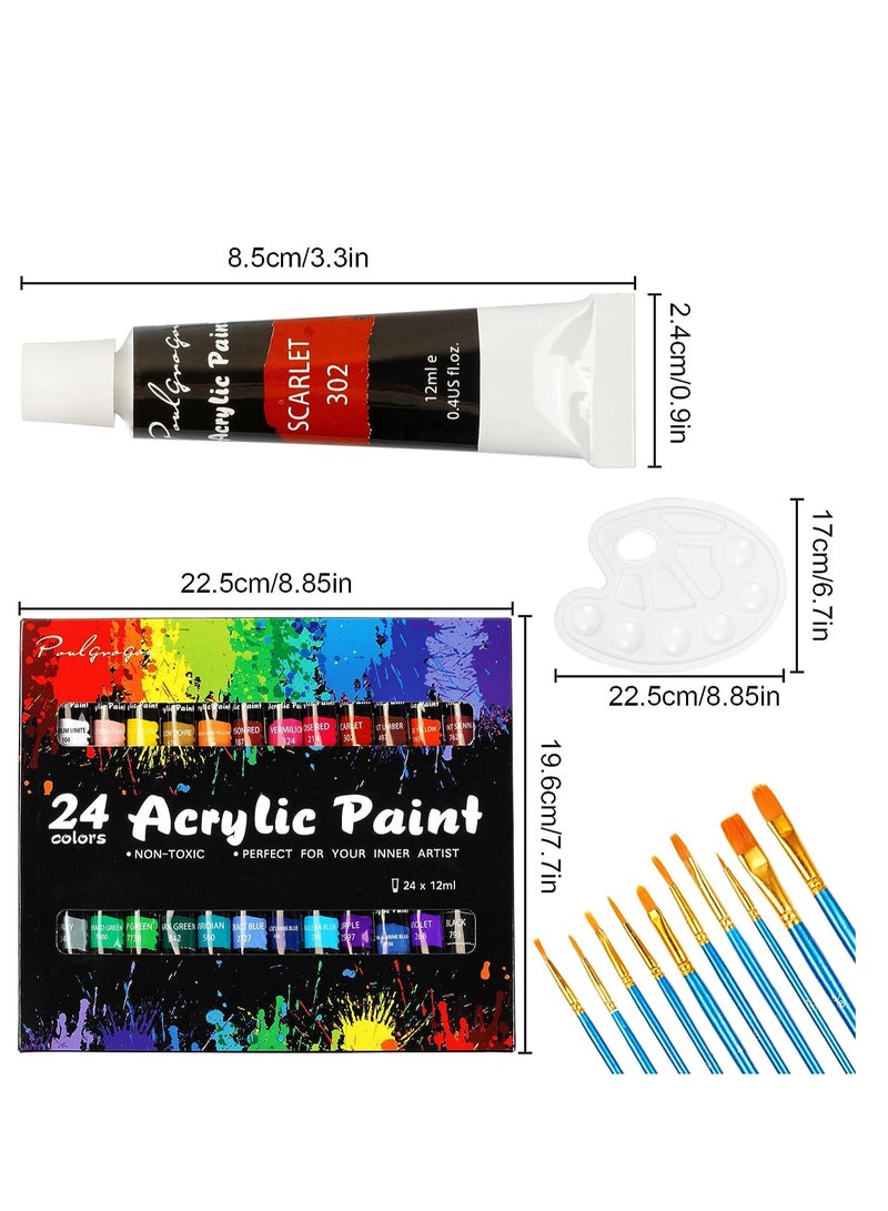 24-Color Acrylic Paint Set (11.6g, 12 ml) with 10 Brushes & 1 Palette for Painting on Paper, Canvas, Rocks, Wood, and Ceramics – Ideal for Hobbyists and Beginners - Image 2
