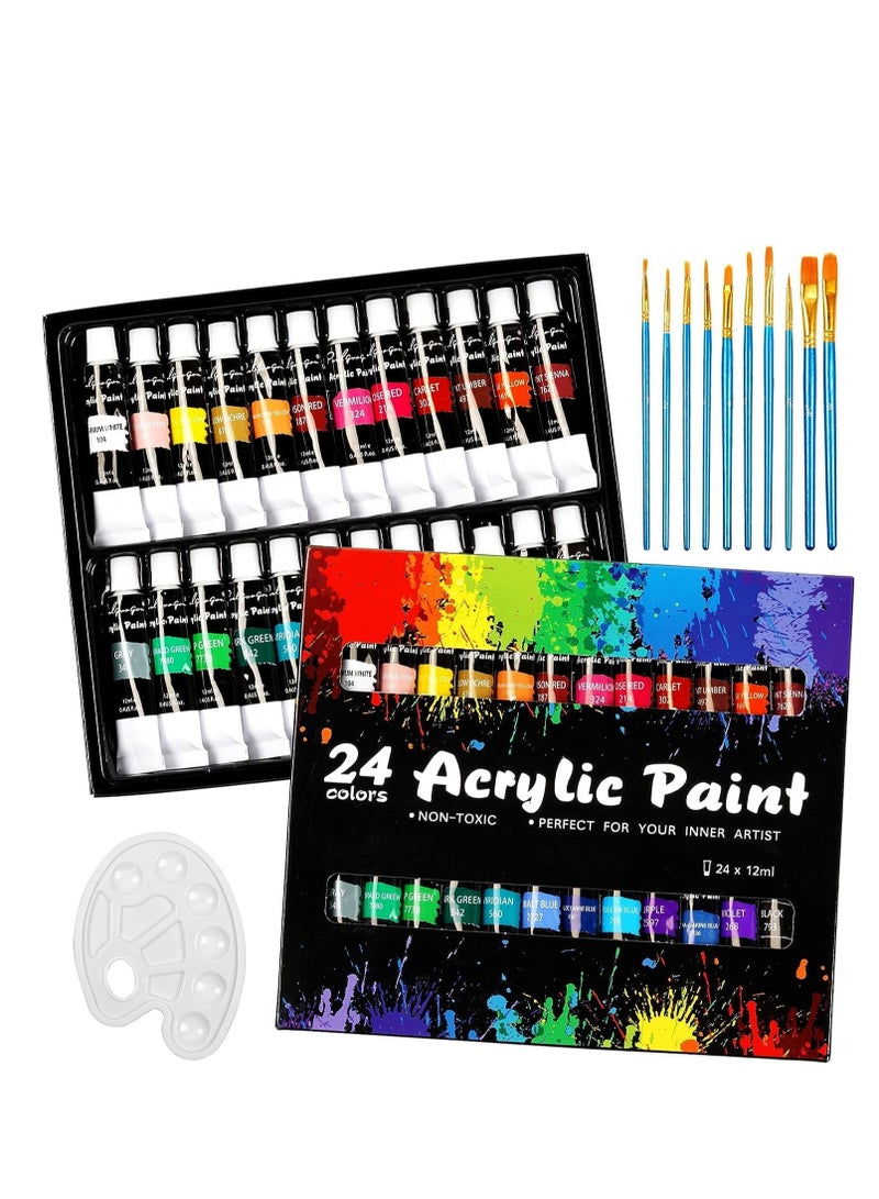 24-Color Acrylic Paint Set (11.6g, 12 ml) with 10 Brushes & 1 Palette for Painting on Paper, Canvas, Rocks, Wood, and Ceramics – Ideal for Hobbyists and Beginners - Image 1