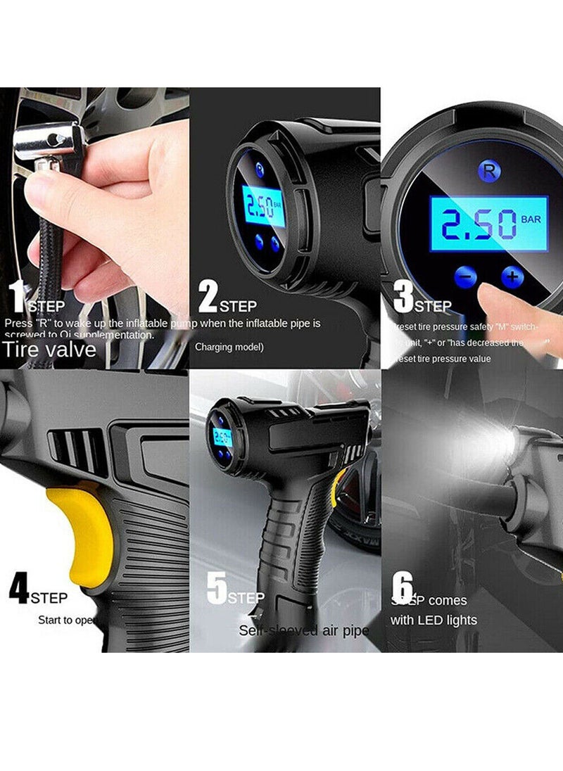 جيرينك مضخة نفخ إطارات السيارة، ضاغط هواء، مع ضوء LED و3 محولات فوهة، مضخة رقمية للإطارات، بطارية قابلة لإعادة الشحن بجهد 12 فولت USB لدراجة السيارة والدراجات النارية  - Image 2