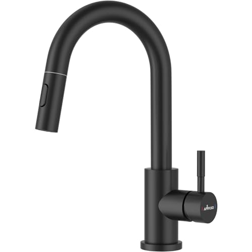 APPASO Black Bar Sink Faucet cUPC Certified Hoses No Lead Modern Single Handle High Arc Pull Down Sprayer Kitchen Faucets 2 Modes Stainless Steel Utility Prep Faucet for RV Camper Outdoor - Image 1