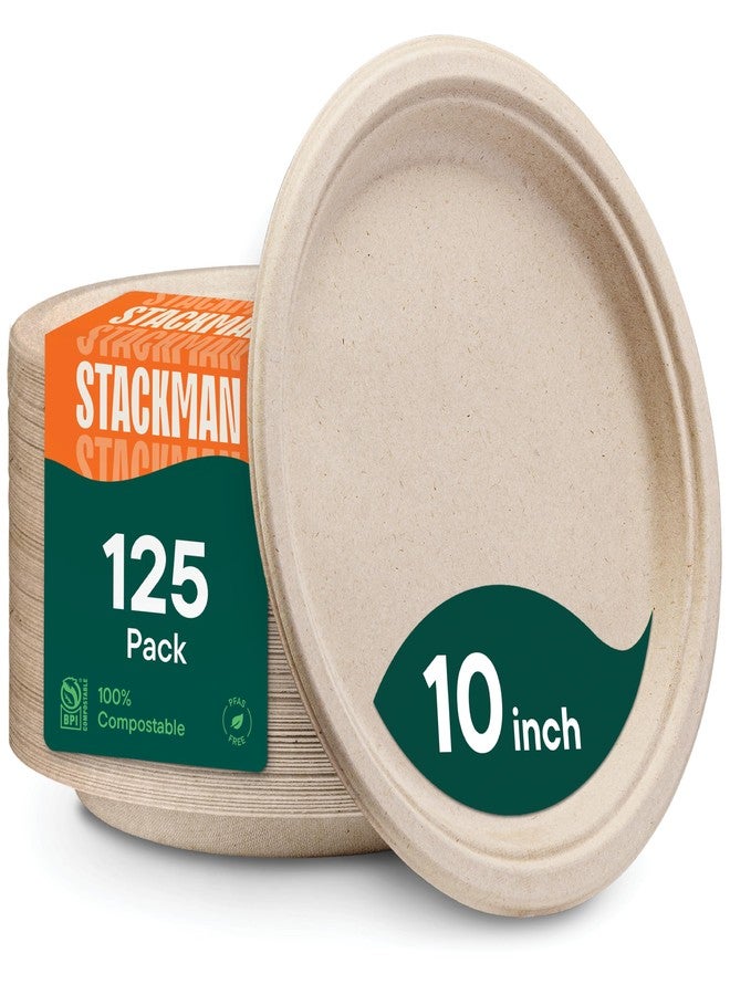 Stack Man Paper Plates, 100% Compostable Heavy Duty Disposable 10 Inch Plate - [125-Pack] - {PFAS-Free} - {BPI Certified} Eco-Friendly, Biodegradable Bagasse - Image 1