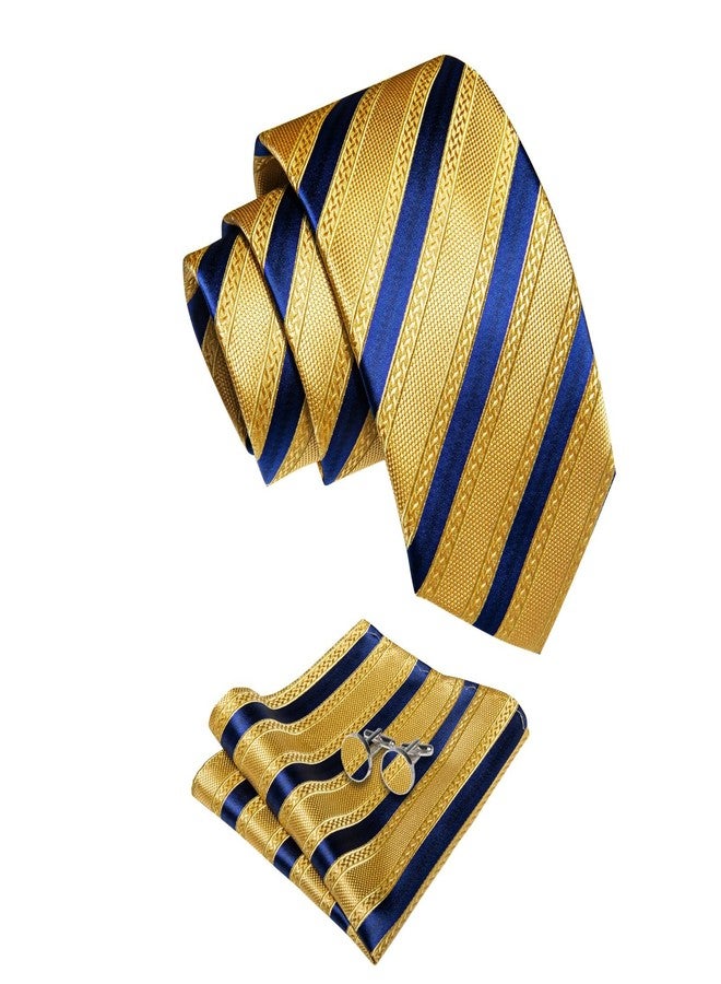 YourTies Gold Ties for Men Classic Silk Woven Striped Tie with Handkerchief Cufflink Set for Party Wedding - Image 5