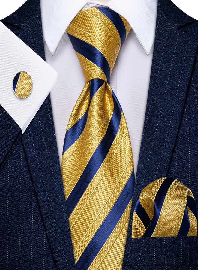 YourTies Gold Ties for Men Classic Silk Woven Striped Tie with Handkerchief Cufflink Set for Party Wedding - Image 4