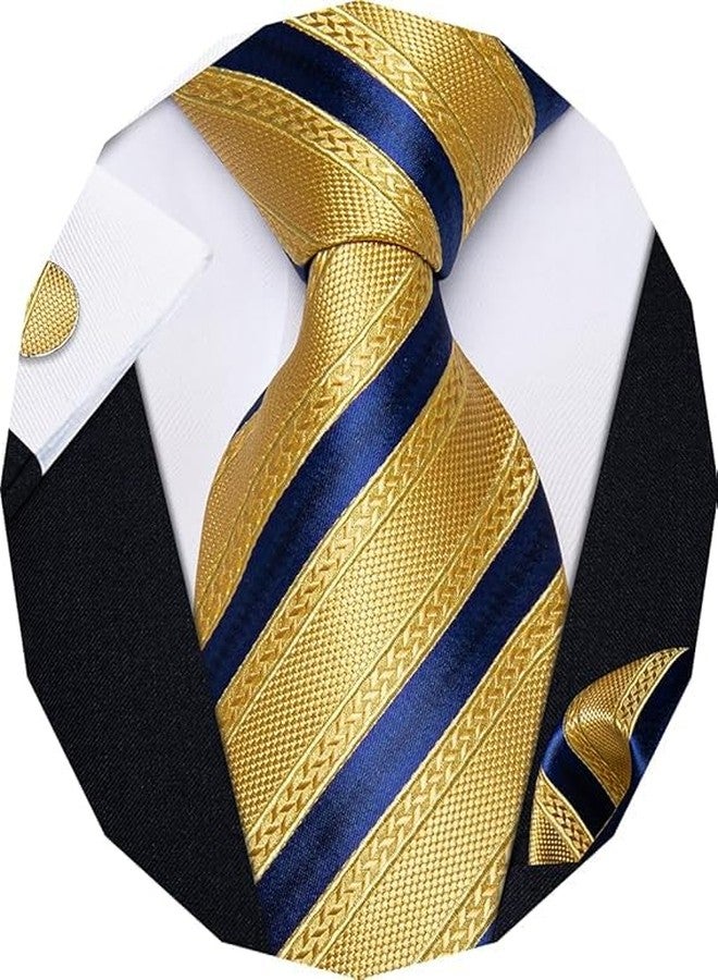 YourTies Gold Ties for Men Classic Silk Woven Striped Tie with Handkerchief Cufflink Set for Party Wedding - Image 1