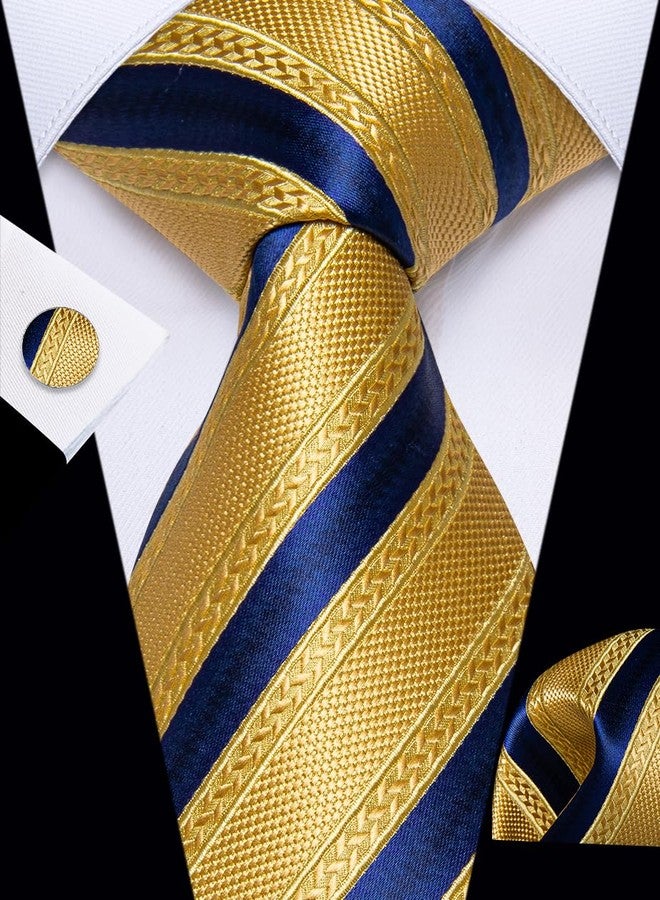 YourTies Gold Ties for Men Classic Silk Woven Striped Tie with Handkerchief Cufflink Set for Party Wedding - Image 2
