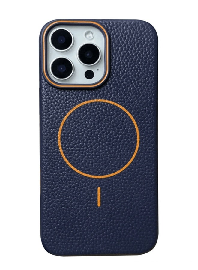 Magsafe Phone Case For iPhone 14 Pro Max With High Quality Rubber Frame And Slim Lychee Pattern Leather Case with Camera Lens Protection Shockproof Cover And support wireless Charging Leather Cover for iPhone 14 Pro Max - Blue/Orange - Image 1