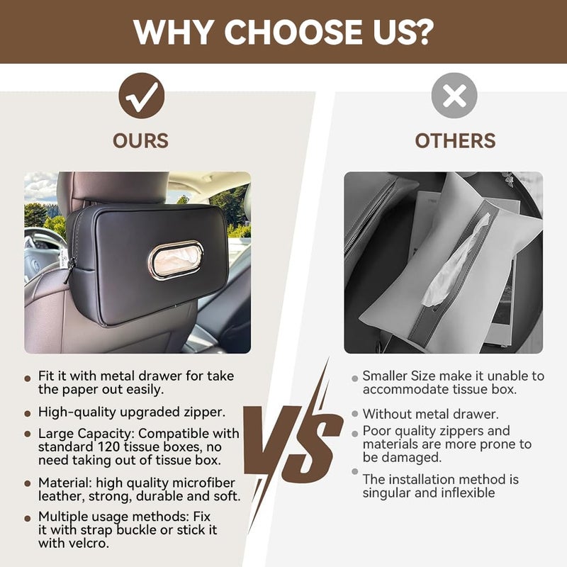 STHIRA Car Tissue Holder for Headrest Fashion Pu Leather Tissue Box with Hook and Loop Strap Zip-Up Design Car Napkin Tissue Holder Easy to Refill Universal Car Tissue Paper Case, 19x13x6cm, Black - Image 4