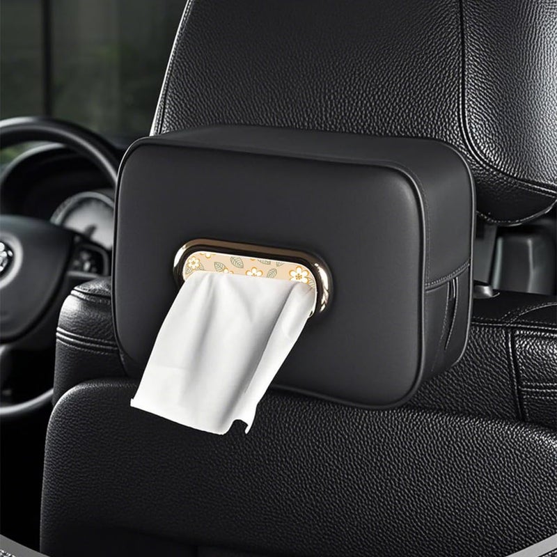 STHIRA Car Tissue Holder for Headrest Fashion Pu Leather Tissue Box with Hook and Loop Strap Zip-Up Design Car Napkin Tissue Holder Easy to Refill Universal Car Tissue Paper Case, 19x13x6cm, Black - Image 1