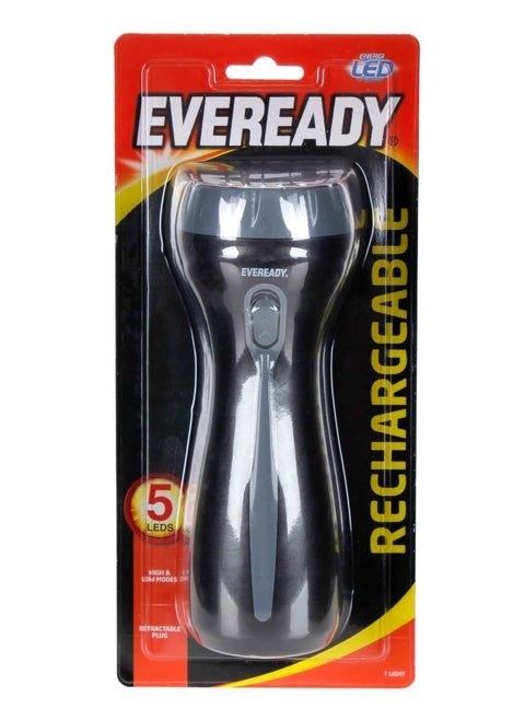 Eveready Rechargeable Flashlight with 5 LEDs, Charging Indicator Light and retractable plug, Charges in 10 hrs