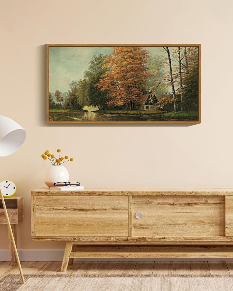 EMODA Countryside River Fall Wall Art – Retro Autumn Landscape (60x120 cm Framed) - Image 2