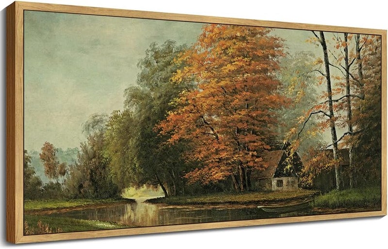 EMODA Countryside River Fall Wall Art – Retro Autumn Landscape (60x120 cm Framed) - Image 1