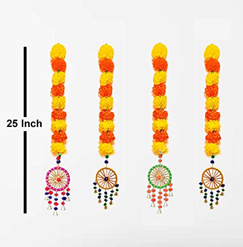 3A FEATURETAIL 2 Feet Artificial Yellow Marigold Flowers String With Decorative Bells, Wall/Door Hanging For Home/Wedding/Festival Decoration. (Multicolour, Pack Of 4), 61 CM - Image 4