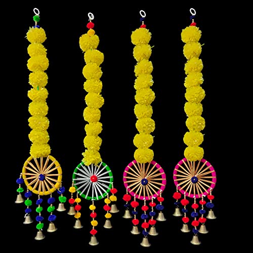 3A FEATURETAIL 2 Feet Artificial Yellow Marigold Flowers String With Decorative Bells, Wall/Door Hanging For Home/Wedding/Festival Decoration. (Multicolour, Pack Of 4), 61 CM - Image 1