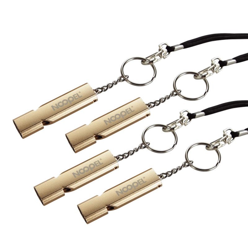 Noopel Emergency Whistles Lifeguard Safety Whistle With Lanyard And Keychain For Outdoor Camping Hiking Boating Hunting Fishing Kayak Kids Rescue Signaling Loud Survival Whistle (4 Pack Gold)