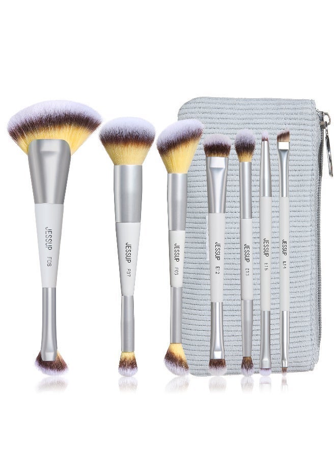 جيساب جيسوب طقم فرش مكياج مكون من 7 قطع مع حقيبة، فرش مكياج مزدوجة الأطراف، فرش بريميم من الألياف الصناعية لتوزيع كريم الأساس وتحديد الوجه وأحمر الخدود والهايلايتر والدمج وفرشاة الحواجب والظلال والكونسيلر، اللون: رمادي هادئ - طراز T520 - Image 1