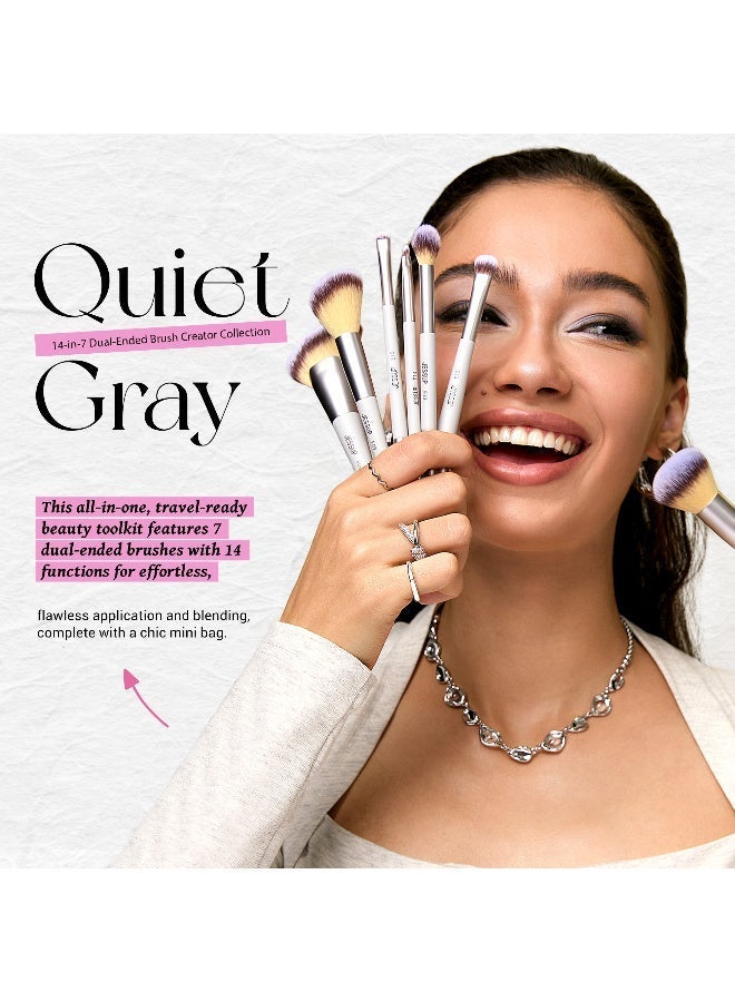 جيساب جيسوب طقم فرش مكياج مكون من 7 قطع مع حقيبة، فرش مكياج مزدوجة الأطراف، فرش بريميم من الألياف الصناعية لتوزيع كريم الأساس وتحديد الوجه وأحمر الخدود والهايلايتر والدمج وفرشاة الحواجب والظلال والكونسيلر، اللون: رمادي هادئ - طراز T520 - Image 2