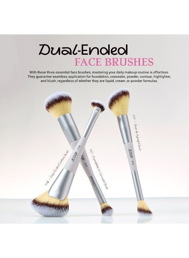 Jessup Makeup Brush Set with Bag 7pcs Dual Ended Makeup Brushes Premium Synthetic Foundation Contour Blush Highlight Blending Eyebrow Eyeshadow Shader Concealer Brush, Quiet Gray T520 - Image 4