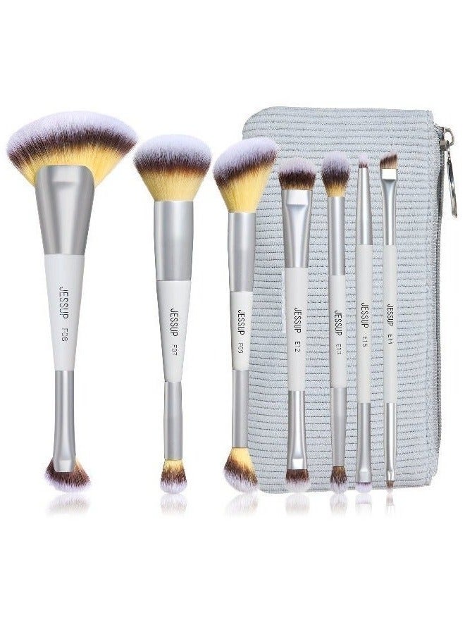 Jessup Makeup Brush Set with Bag 7pcs Dual Ended Makeup Brushes Premium Synthetic Foundation Contour Blush Highlight Blending Eyebrow Eyeshadow Shader Concealer Brush, Quiet Gray T520 - Image 1