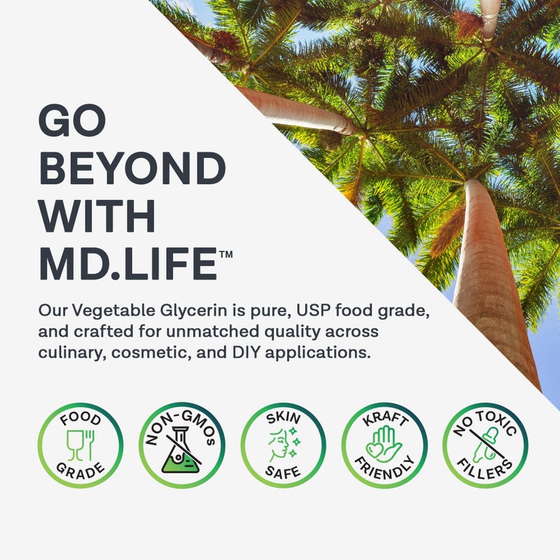 md life MD.LIFE Vegetable Glycerin Liquid Oil - Sustainable Food Grade Vegetable Glycerine 16 Ounces - Pharmaceutical Grade Glycerin for Skin, Hair, Crafts, Soaps - Vegetable Glycerol Liquid - Humectant - Image 2