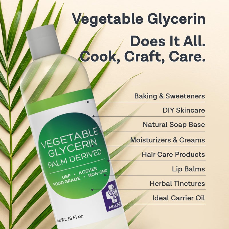 md life MD.LIFE Vegetable Glycerin Liquid Oil - Sustainable Food Grade Vegetable Glycerine 16 Ounces - Pharmaceutical Grade Glycerin for Skin, Hair, Crafts, Soaps - Vegetable Glycerol Liquid - Humectant - Image 3