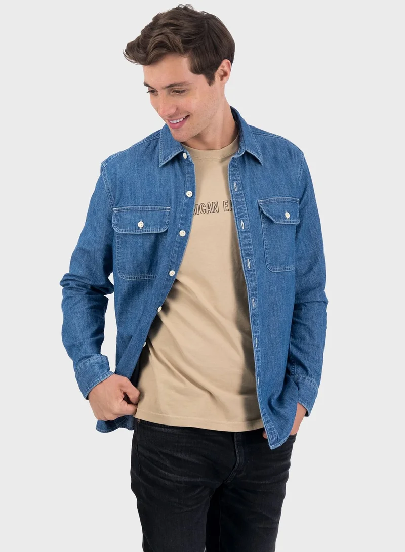 American Eagle Light Wash Slim Fit Denim Shirt