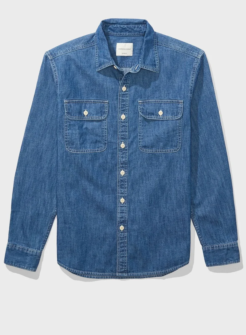 American Eagle Light Wash Slim Fit Denim Shirt