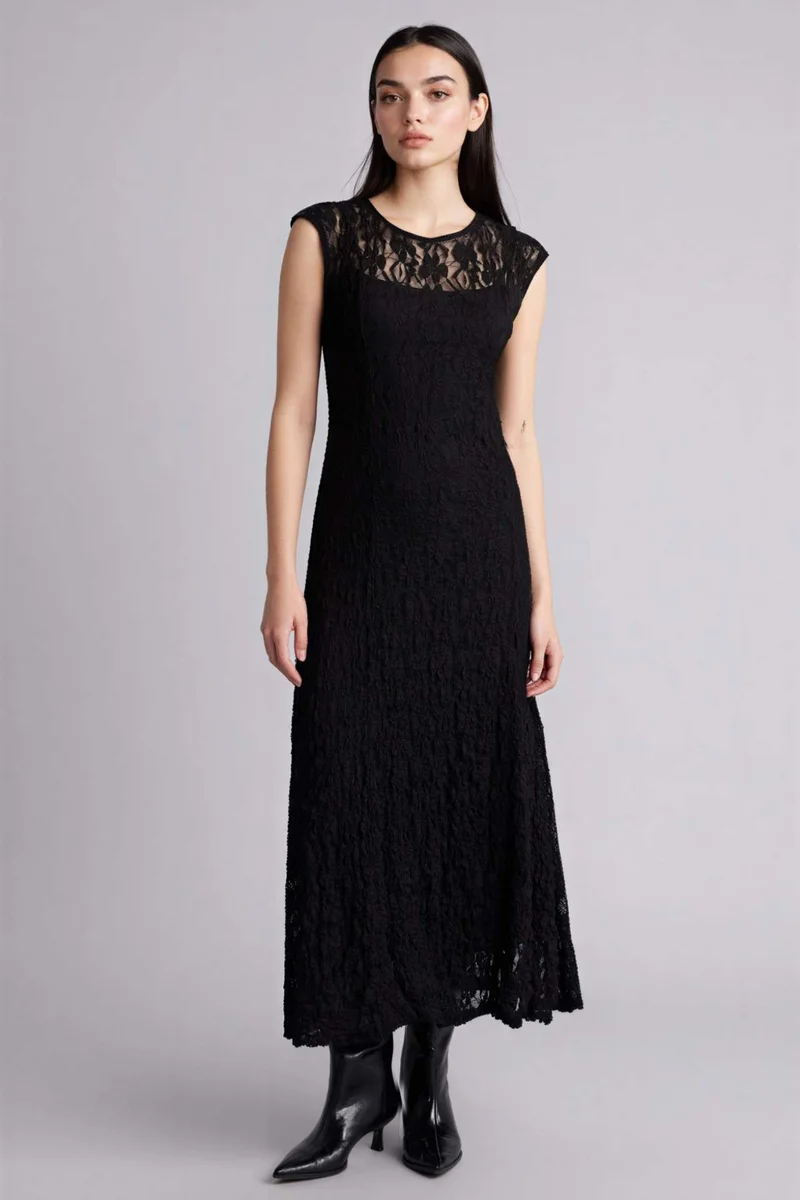ديفاكتو Slim Fit Crew Neck Lace Sleeveless Maxi Dress