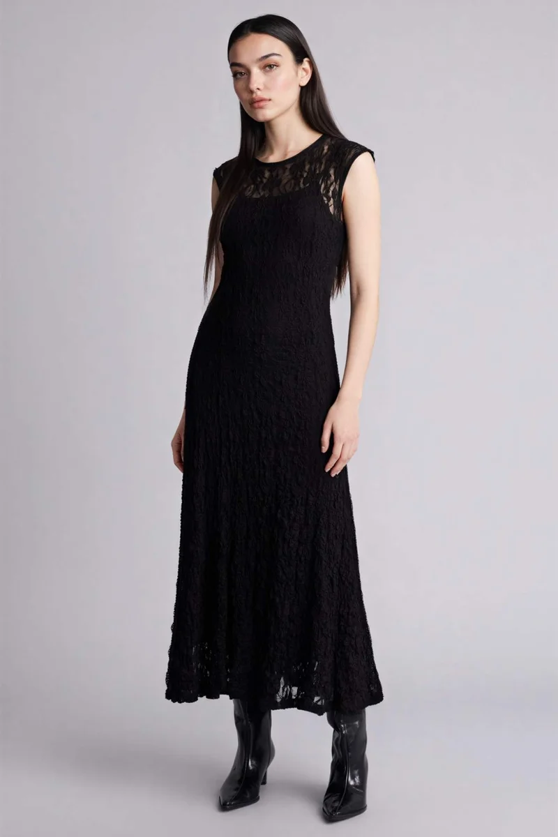 ديفاكتو Slim Fit Crew Neck Lace Sleeveless Maxi Dress