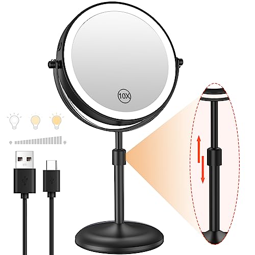 Benbilry Lighted Makeup Mirror with 10X Magnification & 3 Color Lights, Adjustable Brightness & Height, 7 Inch 360° Swivel Rechargeable LED Magnifying Make Up Vanity Mirror with Lighting (Black) - Image 1